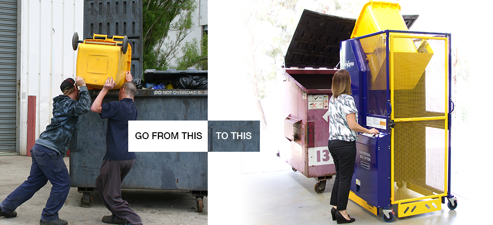 Two people manually tipping wheelie bins into a skip versus a single person using a bin lifter to do the same task