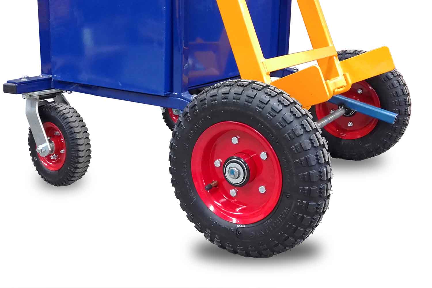 A close-up of the 'All Terrain' bin lifter pneumatic wheels