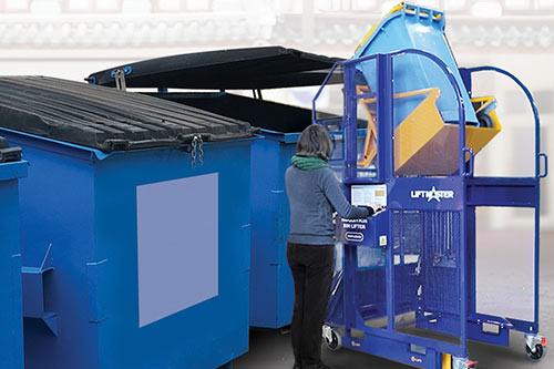 Liftmaster's Simplicity Plus bin lifter has a lift-and-tilt motion