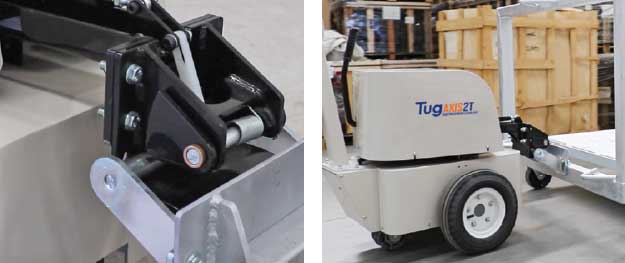 Powered tug auto-latching hitch