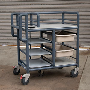 Tray service trolley with storage tubs