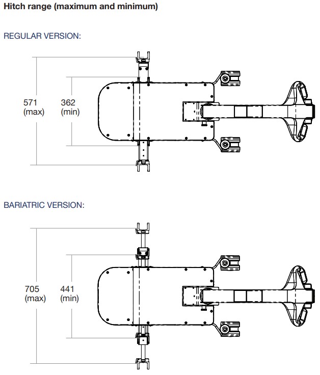 Bariatric wheelchair mover hitch range - dimensions